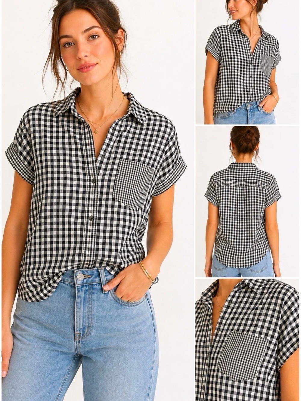 Madewell Black White Gingham Check Button Down Short Sleeve Shirt